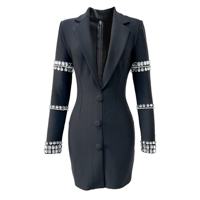 Kimshein LS2650 Sexy V-neck Diamond Mini Bandage Dress for Women Long Sleeves and Crystal Tight Bodycon Dress