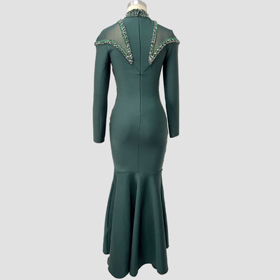 LS2652 Long Sleeve Mermaid Bandage Cocktail Dress Sexy Crystal Beaded Floor-Length Black Evening Gown with Long Sleeves