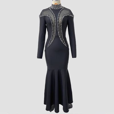 LS2652 Long Sleeve Mermaid Bandage Cocktail Dress Sexy Crystal Beaded Floor-Length Black Evening Gown with Long Sleeves
