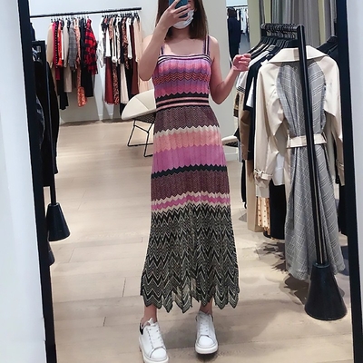 KD2365 Women's Elegant Summer Maxi Dress Striped Knit Square Neckline and Sleeveless Design for a Sophisticated Look