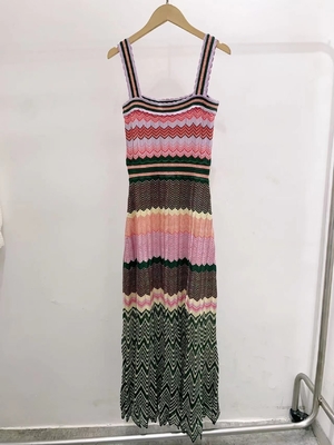 KD2365 Women's Elegant Summer Maxi Dress Striped Knit Square Neckline and Sleeveless Design for a Sophisticated Look