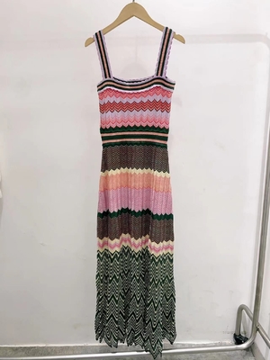 KD2365 Women's Elegant Summer Maxi Dress Striped Knit Square Neckline and Sleeveless Design for a Sophisticated Look