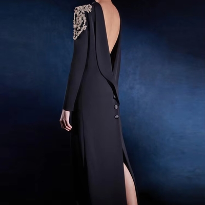 Breathable LS2669 Backless Party Dress for Women Long Sleeves and Hanging Neck Collar Luxurious Diamond Crystal Dress