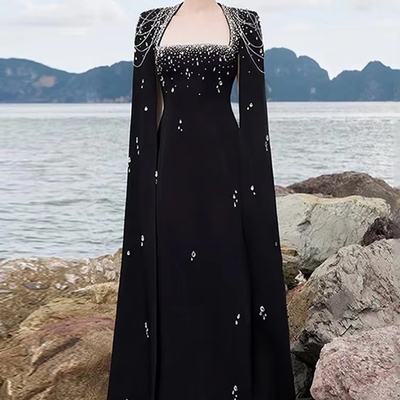 End Pearl Ladies' Party Dress LS2666 Luxurious Crystal Fringe Evening Dress with Floor-Length Sleeves and Square Neckline