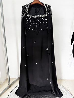 End Pearl Ladies' Party Dress LS2666 Luxurious Crystal Fringe Evening Dress with Floor-Length Sleeves and Square Neckline