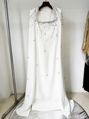 End Pearl Ladies' Party Dress LS2666 Luxurious Crystal Fringe Evening Dress with Floor-Length Sleeves and Square Neckline