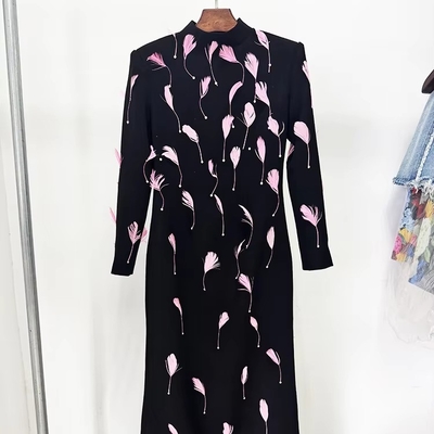LS2663 Kimshein Maxi Dress for Elegant Women at Nightclubs Featuring Long Sleeves Crystal and Feather Details