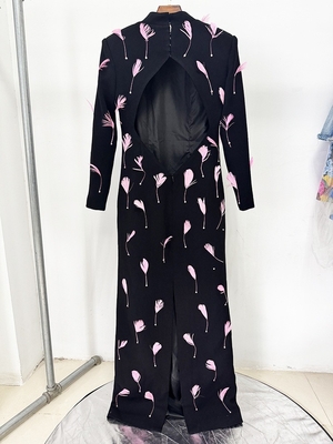 LS2663 Kimshein Maxi Dress for Elegant Women at Nightclubs Featuring Long Sleeves Crystal and Feather Details