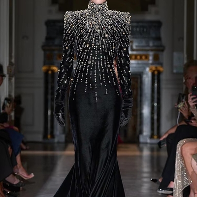 Kimshein LS2662 Black Velvet High Neck Diamond Embellished Long Sleeve Crystal Beaded Party Dress for Women ' Choice