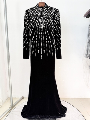 Kimshein LS2662 Black Velvet High Neck Diamond Embellished Long Sleeve Crystal Beaded Party Dress for Women ' Choice
