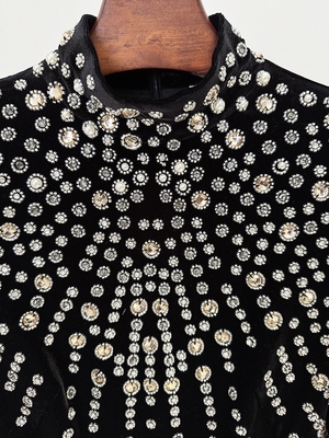 Kimshein LS2662 Black Velvet High Neck Diamond Embellished Long Sleeve Crystal Beaded Party Dress for Women ' Choice
