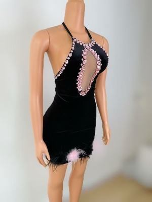 Kimshein AD2565 Black Velvet Backless Sexy Mini Dress Nightclub Luxurious Crystal Feather Dress for Women's Party Evening