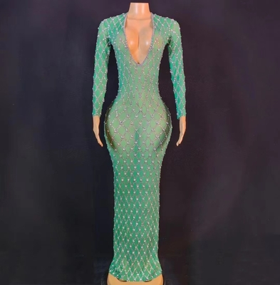 AD2085 Heavy Crystal and Retro Elements Make a Statement in Full Sleeve Floor-Length Evening Dress for a Sophisticated Party
