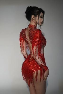 KIMSHEIN AD2566 Shiny Tassel Sexy Women's Tight Dress See-through Breathable Long Sleeve Crystal Clothing 300g Weight Woven Fabric