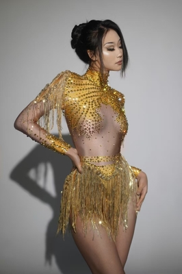KIMSHEIN AD2566 Shiny Tassel Sexy Women's Tight Dress See-through Breathable Long Sleeve Crystal Clothing 300g Weight Woven Fabric