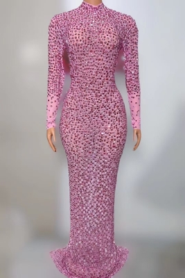 KIMSHEIN AD2384 Women's Long Sleeve Party Dress Mermaid Evening Gown with Luxury Crystal Rhinestones 220g Fabric Weight