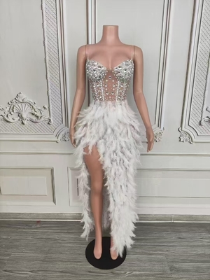 AD2550 Kimshein Summer Sexy Dress Natural Waistline Shiny Handmade Crystal Feather Long Skirt Luxurious and Elegant for Women