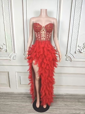 AD2550 Kimshein Summer Sexy Dress Natural Waistline Shiny Handmade Crystal Feather Long Skirt Luxurious and Elegant for Women