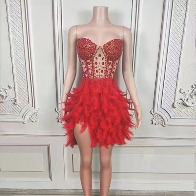 AD2551 Women's Summer Dress Shiny Handmade Crystal Feather Dress Slim Fashion Elegant Party Dress made of Satin Fabric