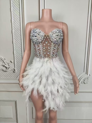 AD2551 Women's Summer Dress Shiny Handmade Crystal Feather Dress Slim Fashion Elegant Party Dress made of Satin Fabric
