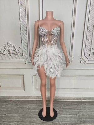 AD2551 Women's Summer Dress Shiny Handmade Crystal Feather Dress Slim Fashion Elegant Party Dress made of Satin Fabric