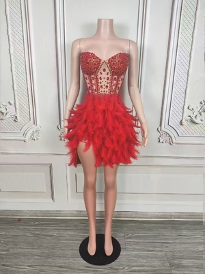 AD2551 Women's Summer Dress Shiny Handmade Crystal Feather Dress Slim Fashion Elegant Party Dress made of Satin Fabric