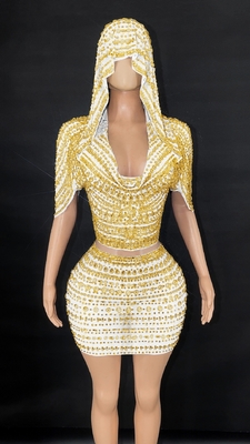 220g Fabric Weight AD2570 Luxurious Pearl Party Dress with Shimmering Diamonds and Crystal Embellishments 2-Piece Mini Set