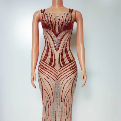 AD2471 Red Sheer Mesh Dress with Luxurious Puffy Skirt and Sparkling Crystals Limited Quantity