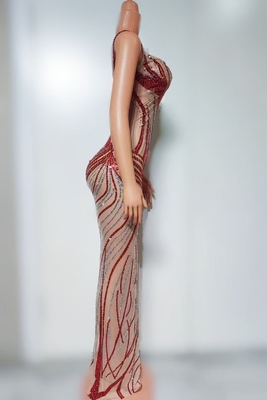 AD2471 Red Sheer Mesh Dress with Luxurious Puffy Skirt and Sparkling Crystals Limited Quantity