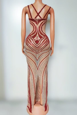 AD2471 Red Sheer Mesh Dress with Luxurious Puffy Skirt and Sparkling Crystals Limited Quantity