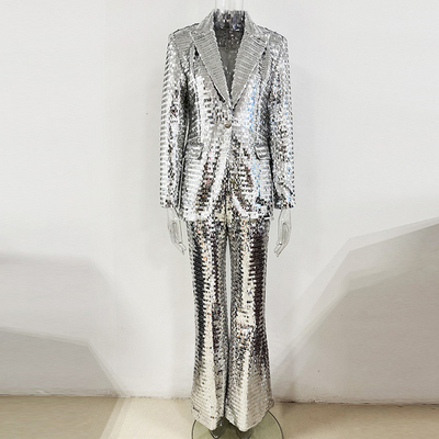 SR2407 Kimshein Fashion Women's Sparkling Suit Set Perfect for Parties Shiny Suit Pants 2-Piece Set Polyester/Cotton