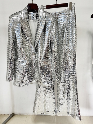 SR2407 Kimshein Fashion Women's Sparkling Suit Set Perfect for Parties Shiny Suit Pants 2-Piece Set Polyester/Cotton