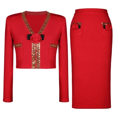 SR2406 Kimshein Dress Set for Women Fashion Knitted Shiny 3D Flower Two-Piece and Regular Sleeves in Full Length Bottoms