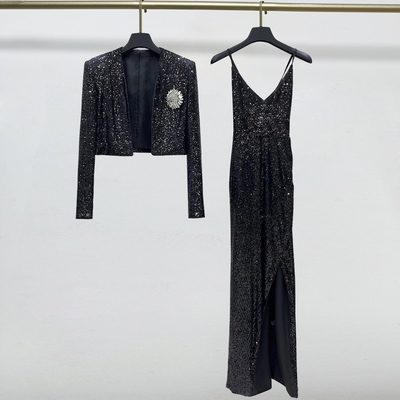 BLAZER SR2405 Women's Fashion Two-Piece Dress Set with Shiny Sequin Party Dress and Glittering Embellishments
