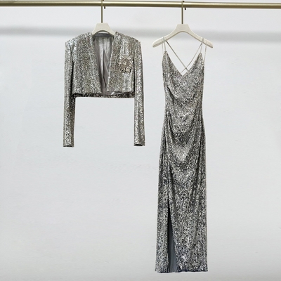 BLAZER SR2405 Women's Fashion Two-Piece Dress Set with Shiny Sequin Party Dress and Glittering Embellishments