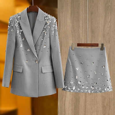 SR2402 Spring V-Neck Two-Piece Set with Luxurious Sequin Embellishment by Fashion Designer Effortlessly Chic and Stylish