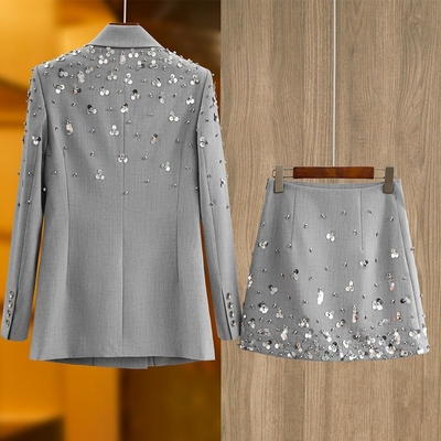 SR2402 Spring V-Neck Two-Piece Set with Luxurious Sequin Embellishment by Fashion Designer Effortlessly Chic and Stylish