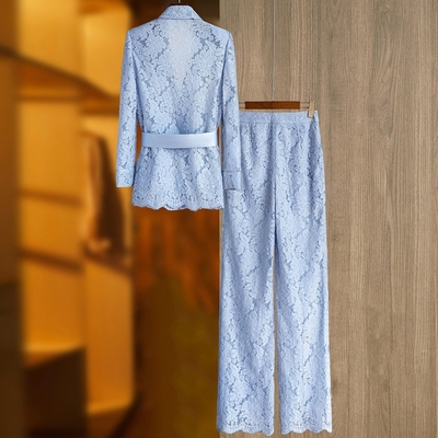 SR2403 Kimshein Blue Lace V-Neck Suit Pants Women's Two-Piece Set for Comfortable and Stylish Design