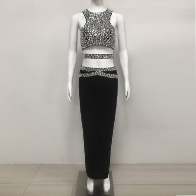 SS2393 Two-Piece Summer Set for Women Solid Elegant Party Bandage Crop Top and Skirt Set Bodycon Fit Limited Stock