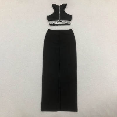SS2393 Two-Piece Summer Set for Women Solid Elegant Party Bandage Crop Top and Skirt Set Bodycon Fit Limited Stock