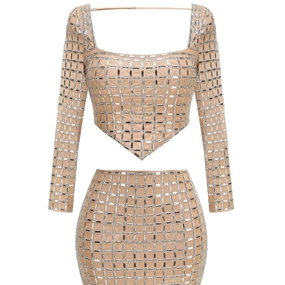 SS2394 Luxury Fashionable Sexy Party Outfit Crystal Women's Top and Mini Skirt 2-Piece Set for Summer