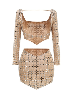 SS2394 Luxury Fashionable Sexy Party Outfit Crystal Women's Top and Mini Skirt 2-Piece Set for Summer