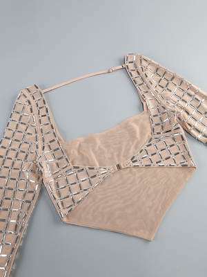SS2394 Luxury Fashionable Sexy Party Outfit Crystal Women's Top and Mini Skirt 2-Piece Set for Summer