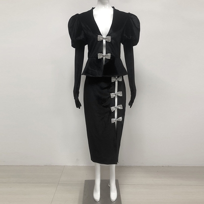 Women's Elegant Black Luxury Party Dress Unique Design Bow-tie Tight Jumpsuit Hollow Out Dance Velvet Suit Craftsmanship