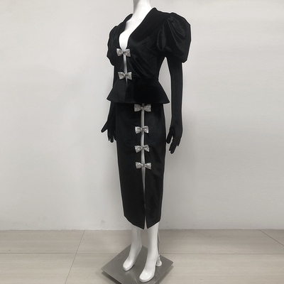 Women's Elegant Black Luxury Party Dress Unique Design Bow-tie Tight Jumpsuit Hollow Out Dance Velvet Suit Craftsmanship