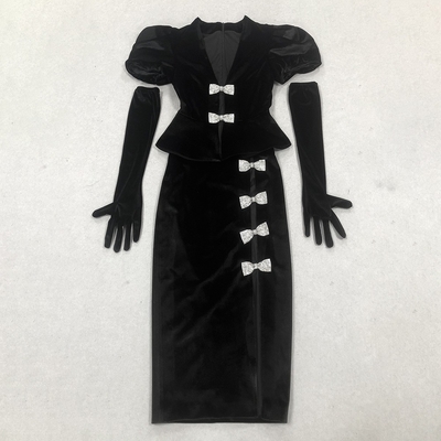 Women's Elegant Black Luxury Party Dress Unique Design Bow-tie Tight Jumpsuit Hollow Out Dance Velvet Suit Craftsmanship