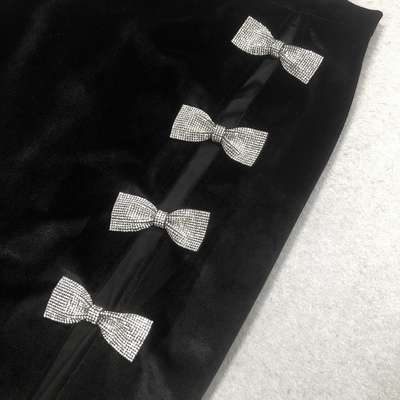 Women's Elegant Black Luxury Party Dress Unique Design Bow-tie Tight Jumpsuit Hollow Out Dance Velvet Suit Craftsmanship