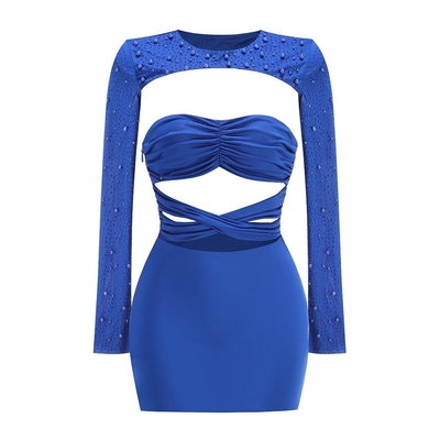 SS2390 Summer Women's Fashion Mini Pearl Beaded Two-Piece Set Long Sleeve Straight Knife Dress Without Sleeves