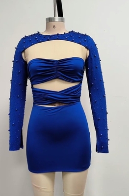 SS2390 Summer Women's Fashion Mini Pearl Beaded Two-Piece Set Long Sleeve Straight Knife Dress Without Sleeves