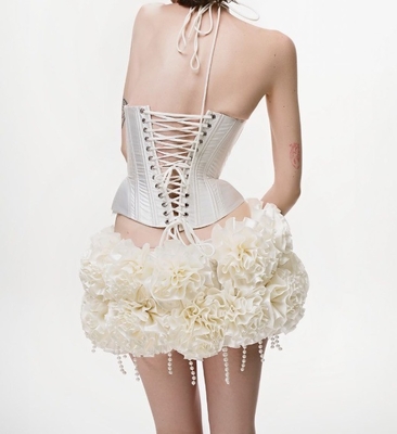 Short Top Length 3D Flower Design Satin Sleeveless Fringe Mini Dress Set for Women Satin Fabric Sexy Nightclub Style